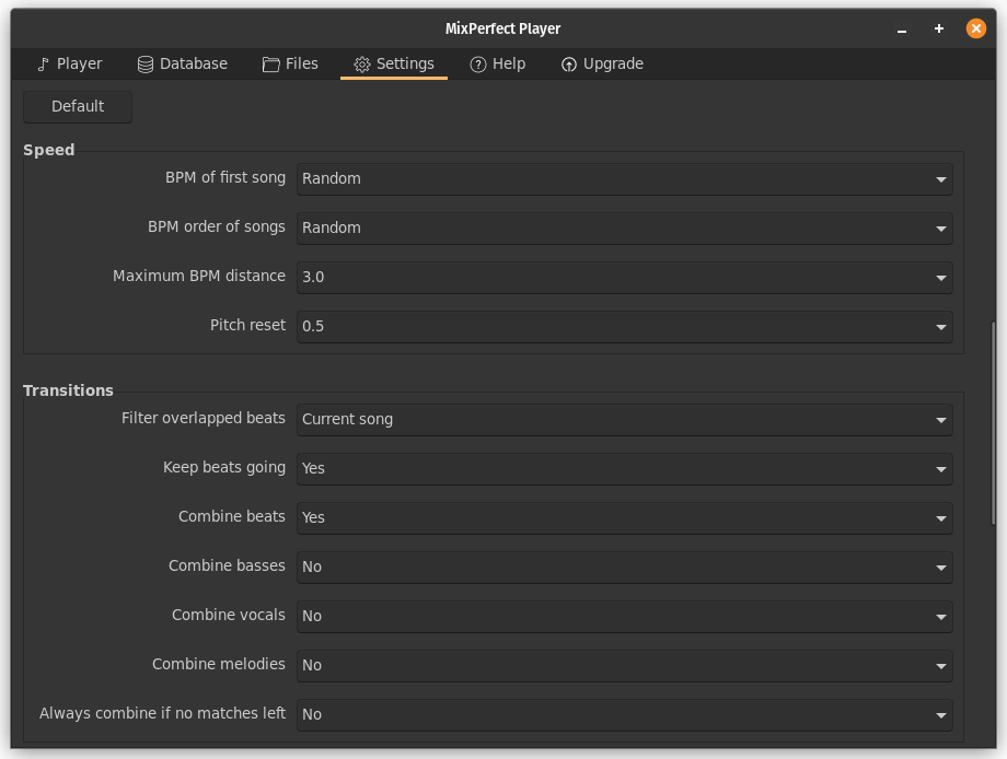 Settings panel